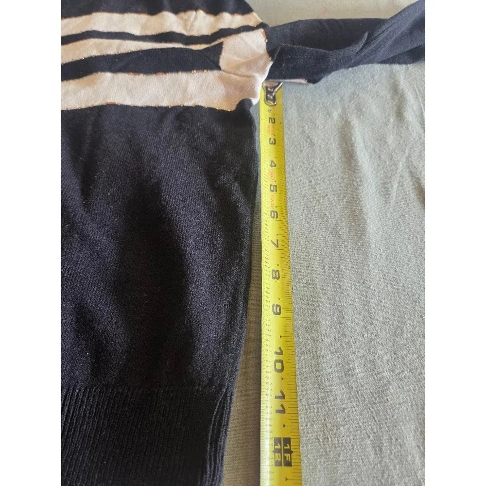 St. John Collection Marie Gray Black White Striped Knit Sweater Gold Accents M